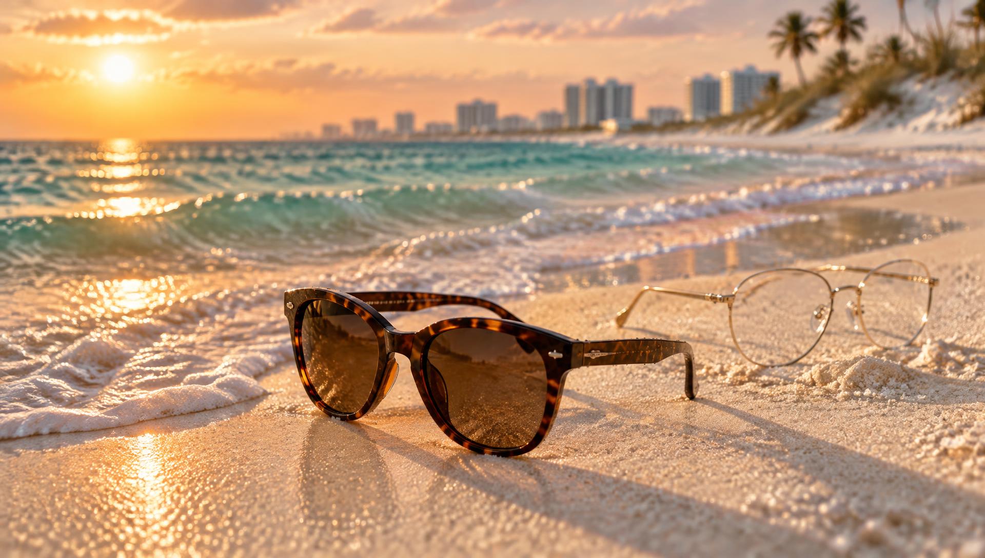 Designer sunglasses and eyeglasses resting on the sand at sunset on the Gulf Coast